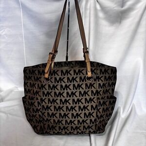 Michael Kors MK Logo Canvas Tote Bag Brown Tan Large Shoulder Bag